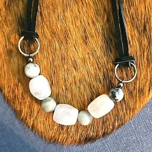 Quartz & Jasper gemstone necklace with black suede tie closure artisan made boho
